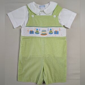 Vive La Fête 2T Birthday Smocked Romper Set Green Gingham Celebration Classic